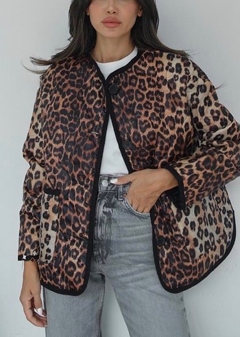 Leopar Desenli Kahverengi Kadın Ceket - Görsel 2
