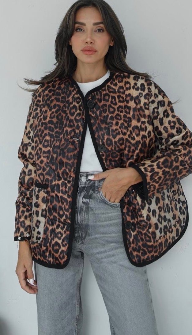 Leopar Desenli Kahverengi Kadın Ceket - Görsel 2