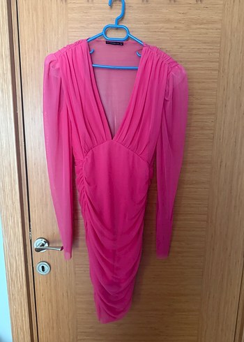 Pembe Midi V Yaka Drapeli Uzun Kollu Elbise
