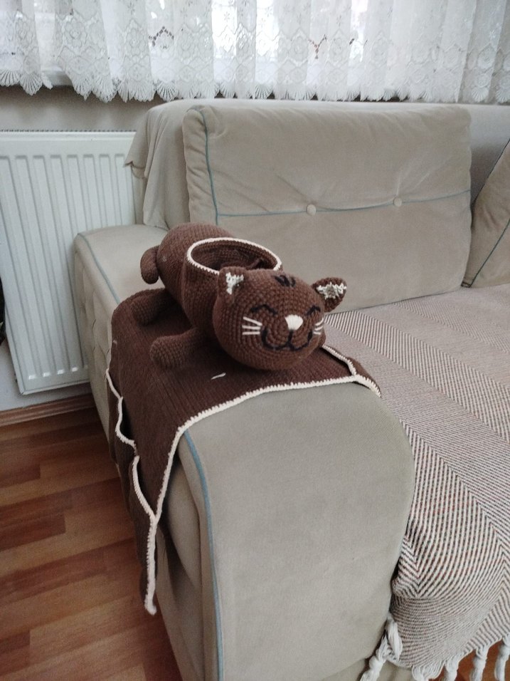 Kahverengi Örgü Kedi koltuk organizer - Görsel 3