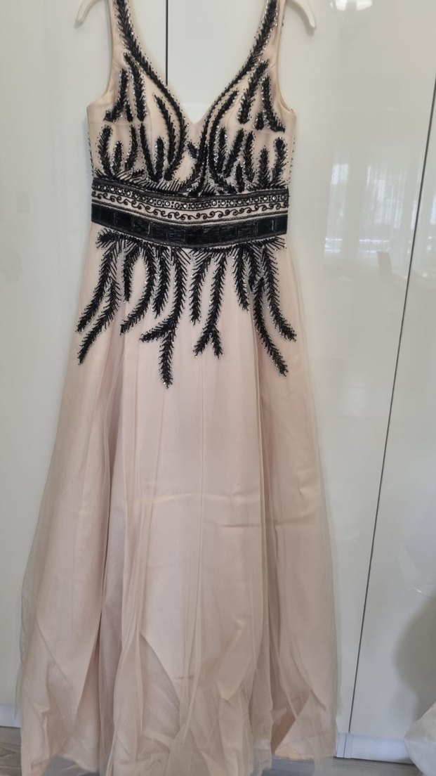 Bej İşlemeli Boncuk Detaylı Uzun Abiye Elbise - Görsel 2