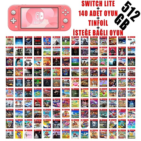Nintendo Switch Lite çipli 512gb 140 oyun + Tinfoil