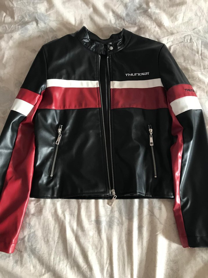 Kırmızı Siyah Kadın Deri Biker Ceket - Görsel 2