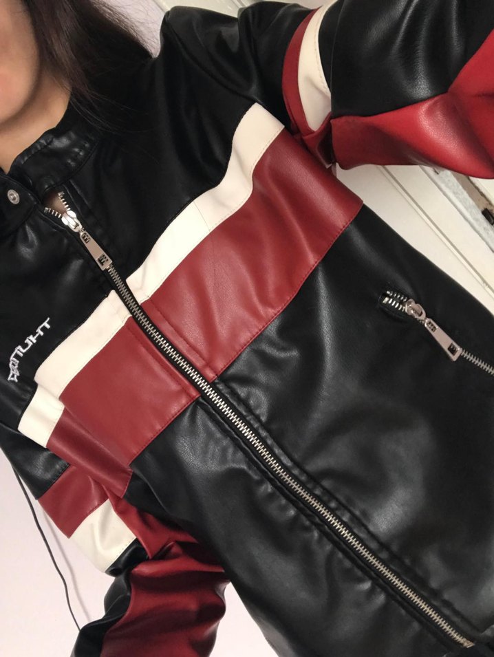 Kırmızı Siyah Kadın Deri Biker Ceket - Görsel 3