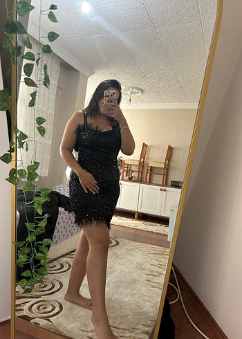 Trendyol & Milla Kuş Tüy Detaylı Siyah Straplez Mini Elbise