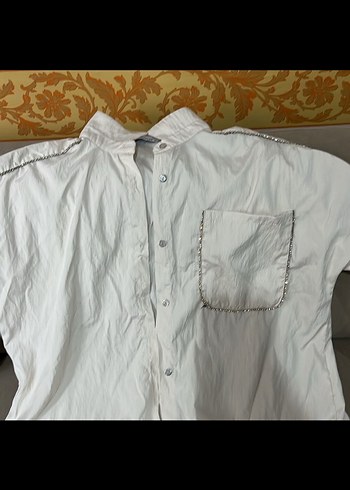 Kadın Beyaz Keten Kısa Kollu Gömlek - Görsel 2