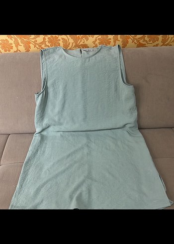 Mavi Keten Hamile Tuniği, Kolsuz, Midi Boy - Görsel 3