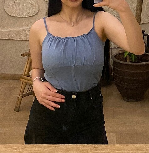 Mavi ip askılı crop
