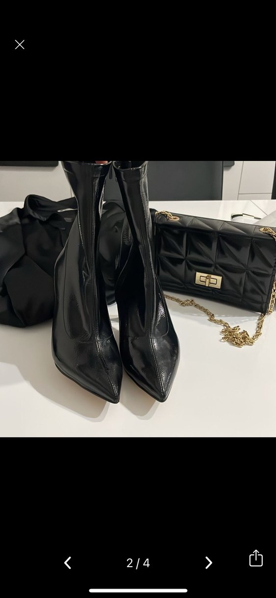 Siyah saten Gömlek deri topuklu çizme rugan çanta kombini siyah - Görsel 2