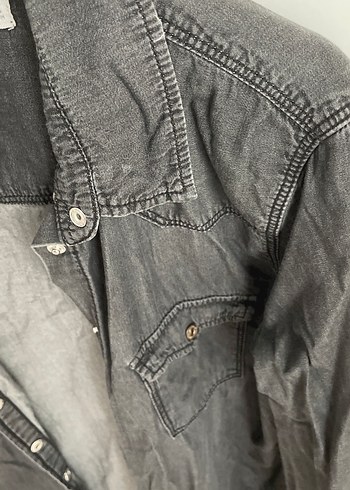 s Beden gri Renk MNG Gri Kadın Denim Gömlek Uzun Kollu
