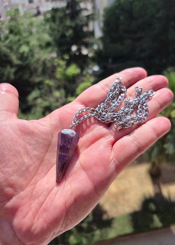 Ametist Pandül Çelik Zincir Doğal Taş Kolye