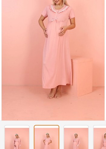 Pembe Uzun Kollu Hamile ve Emzirme Gecelik - Görsel 2