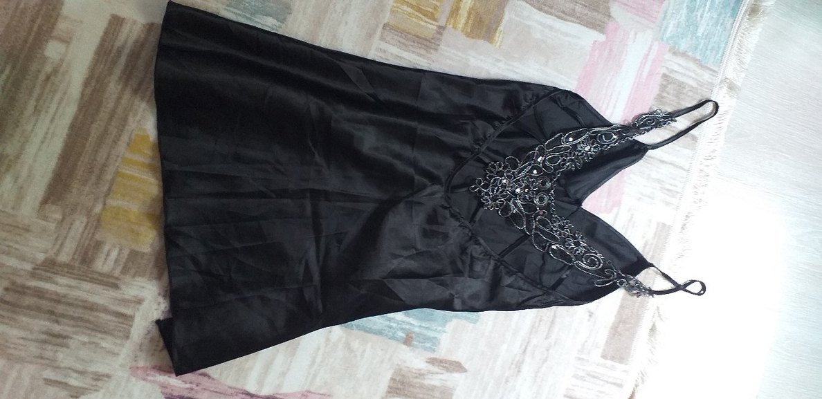 Nakışlı Siyah Gotik Askılı Gecelik - Görsel 5