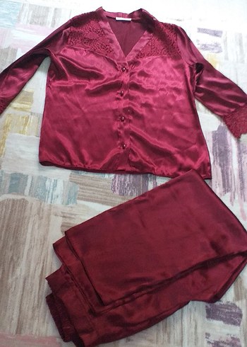 Bordo Bohem Midi Saten Kadın Pijama Takımı - Görsel 5