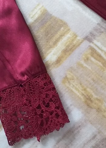 Bordo Bohem Midi Saten Kadın Pijama Takımı - Görsel 3