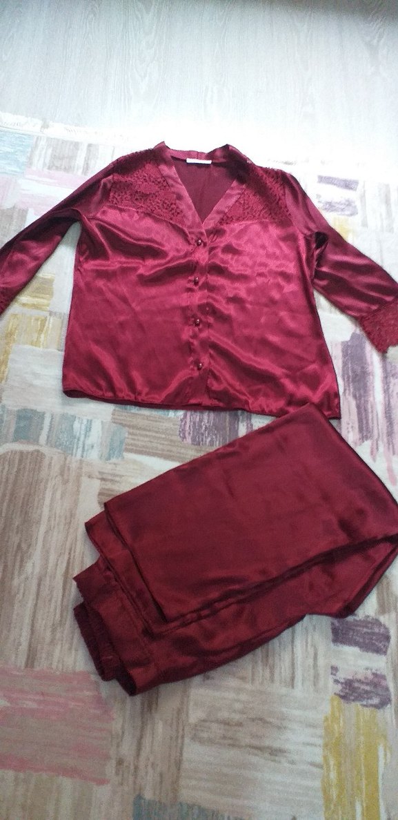 Bordo Bohem Midi Saten Kadın Pijama Takımı - Görsel 5
