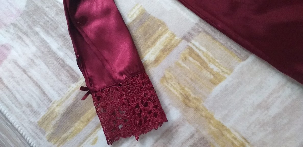 Bordo Bohem Midi Saten Kadın Pijama Takımı - Görsel 3