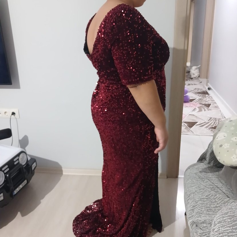 Bordo Simli V Yaka Abiye Hamile Elbise - Görsel 5