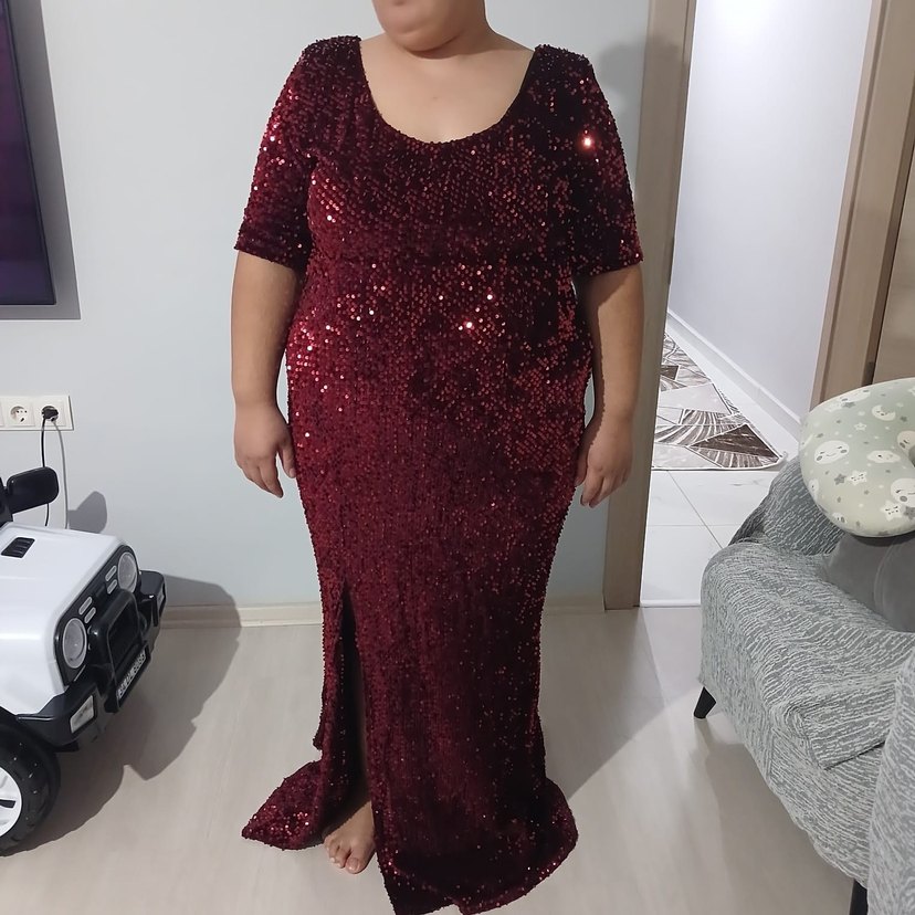 Bordo Simli V Yaka Abiye Hamile Elbise - Görsel 3