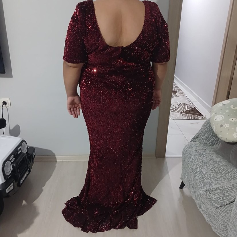 Bordo Simli V Yaka Abiye Hamile Elbise - Görsel 4