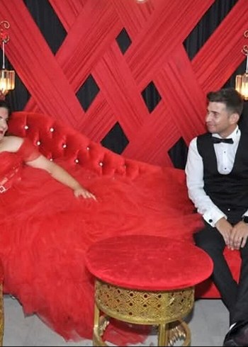 Kırmızı Straplez Fırfırlı Uzun Abiye Elbise - Görsel 6