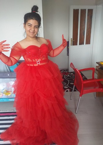 Kırmızı Straplez Fırfırlı Uzun Abiye Elbise - Görsel 8