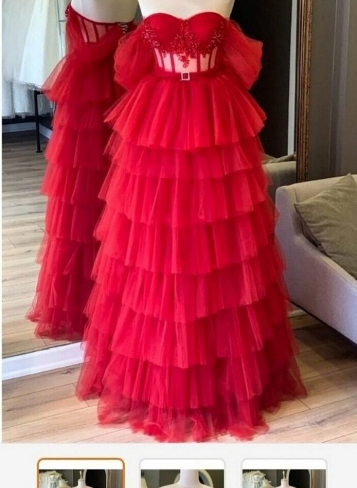 Kırmızı Straplez Fırfırlı Uzun Abiye Elbise - Görsel 4