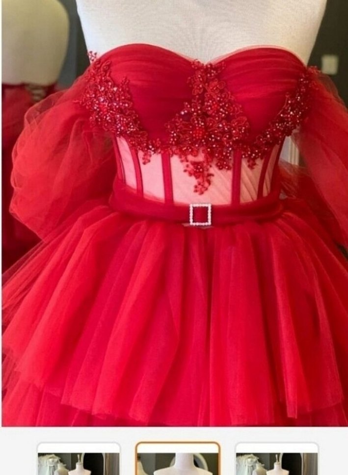 Kırmızı Straplez Fırfırlı Uzun Abiye Elbise - Görsel 3