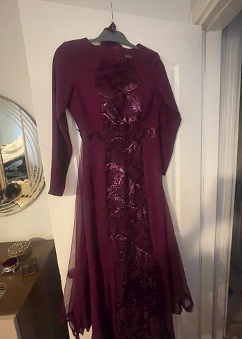 Bordo Uzun Kollu İşlemeli Abiye Elbise - Görsel 2