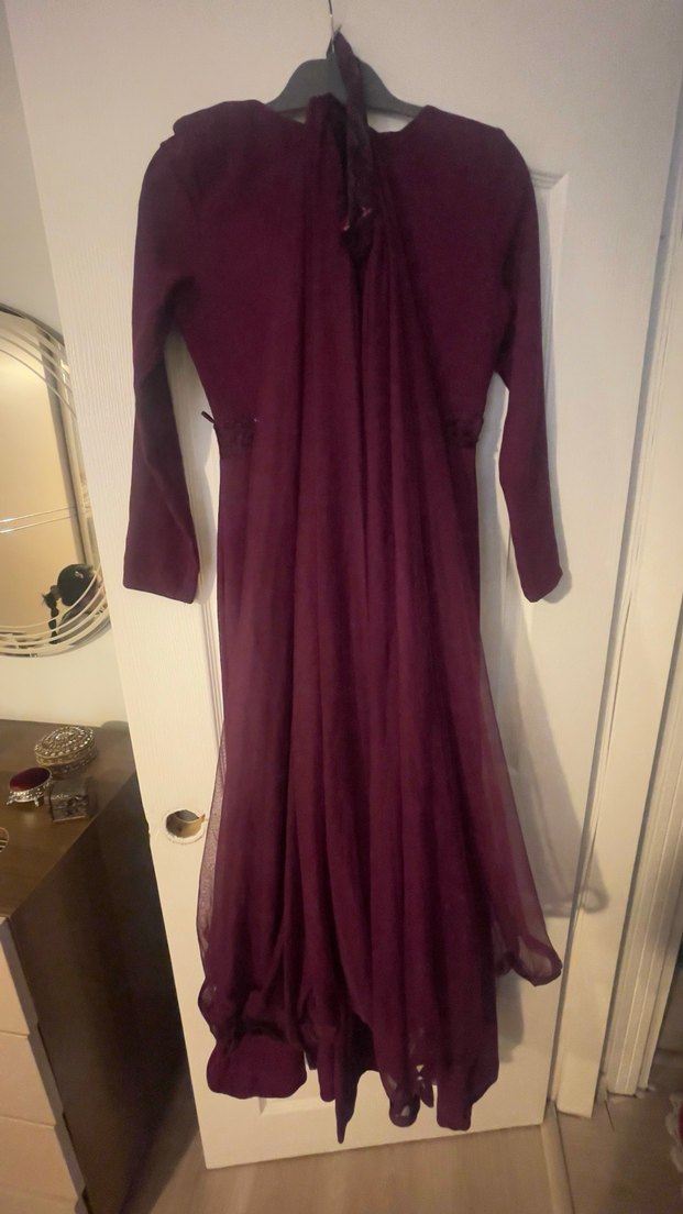 Bordo Uzun Kollu İşlemeli Abiye Elbise - Görsel 4