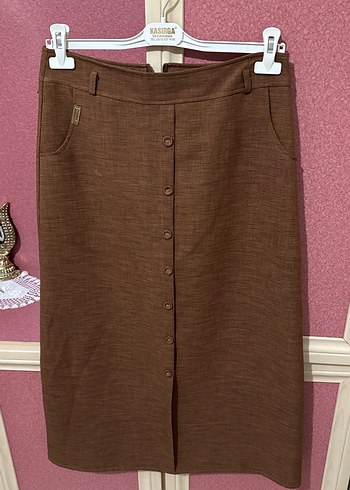 Düğmeli Kahverengi Uzun Keten Etek - Görsel 3
