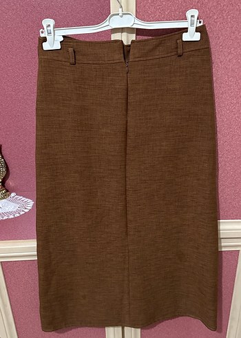 Düğmeli Kahverengi Uzun Keten Etek - Görsel 2