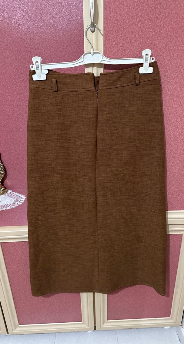 Düğmeli Kahverengi Uzun Keten Etek - Görsel 2