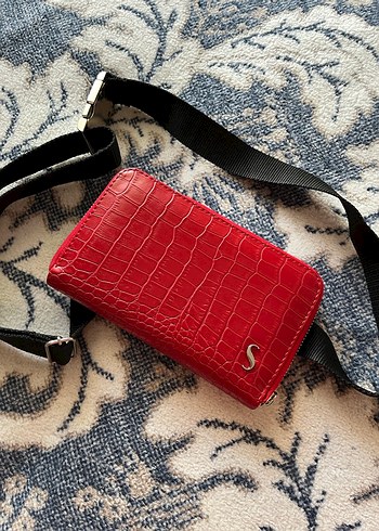 Kırmızı Yılan Derisi Desenli Deri Clutch Cüzdan