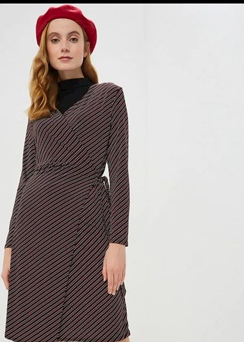 Bordo Çizgili V Yaka Midi Elbise - Görsel 2