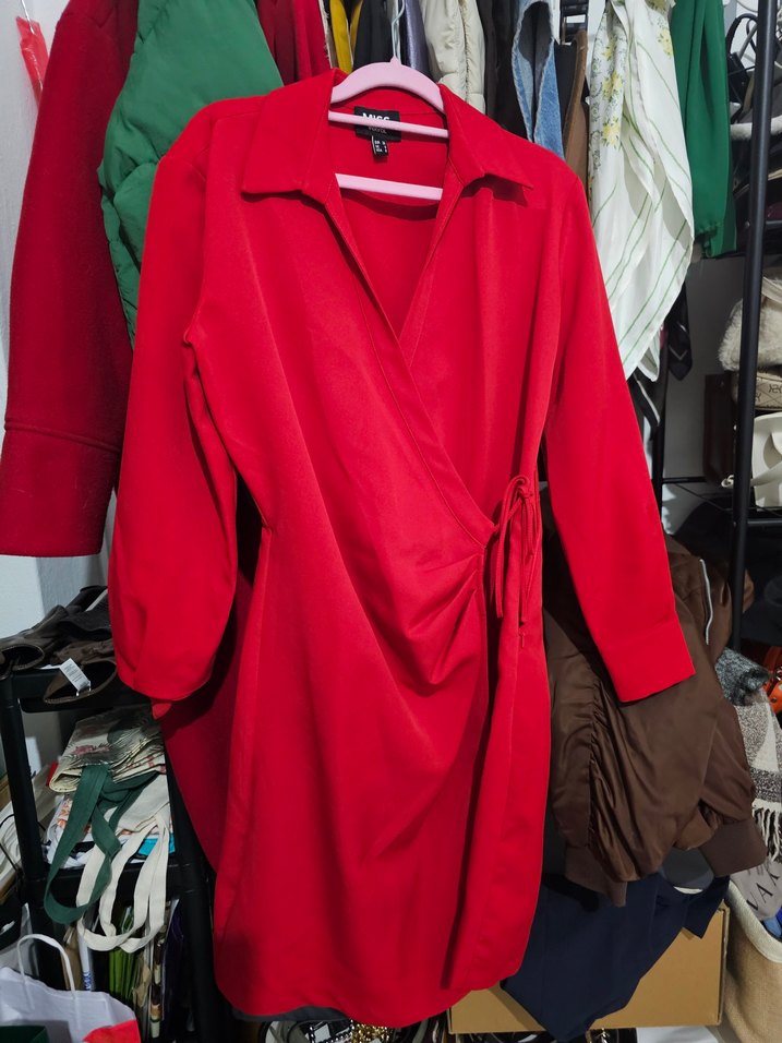 Kemerli Kırmızı Midi Kadın Elbise - Görsel 4