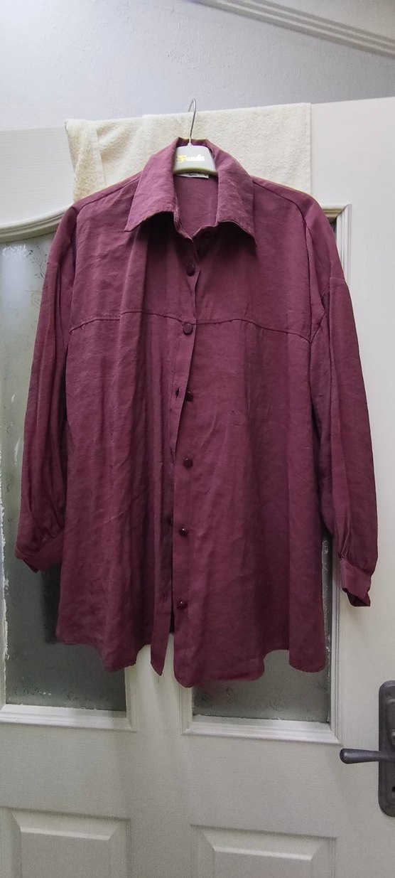 Bordo Keten Düğmeli uzun
 Kollu Gömlek - Görsel 5