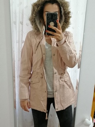 pudra pembe içi kürklü kapşonlu kaban 
