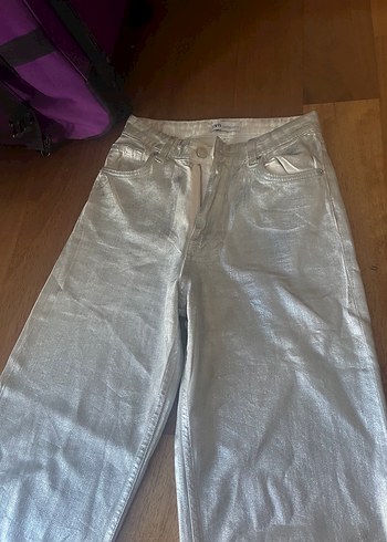 34 Beden ZARA Parlak Gri Metalik Kot Pantolon Jean