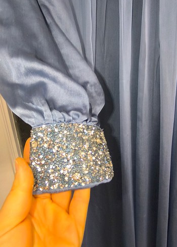 Mavi Uzun Kollu Kadın Abiye Elbise - Görsel 10