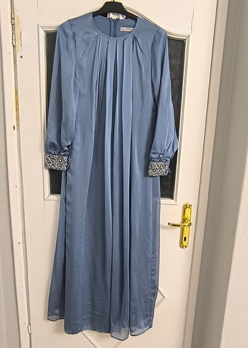 Mavi Uzun Kollu Kadın Abiye Elbise - Görsel 3