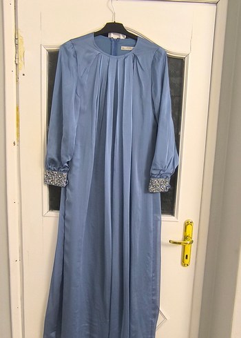 Mavi Uzun Kollu Kadın Abiye Elbise - Görsel 2