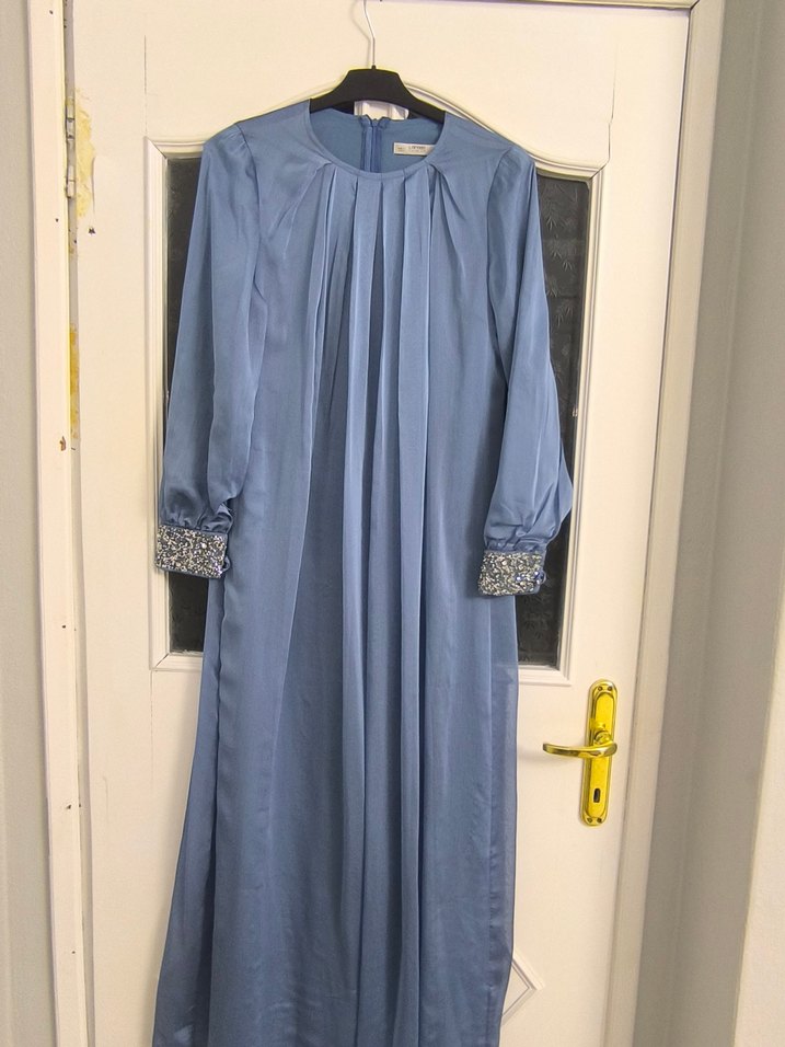 Mavi Uzun Kollu Kadın Abiye Elbise - Görsel 2