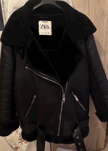 xs Beden Siyah Deri Kürklü Biker Ceket