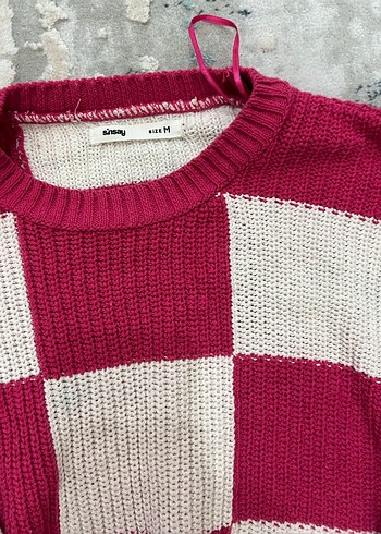 Pembe Ekose Desenli Örgü Kadın Kazak - Görsel 4