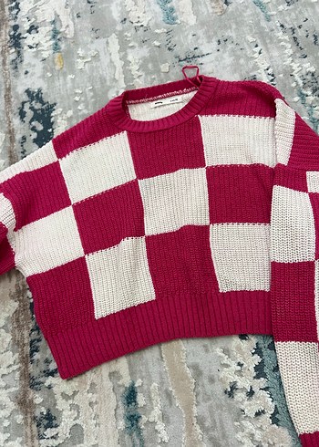 Pembe Ekose Desenli Örgü Kadın Kazak - Görsel 2