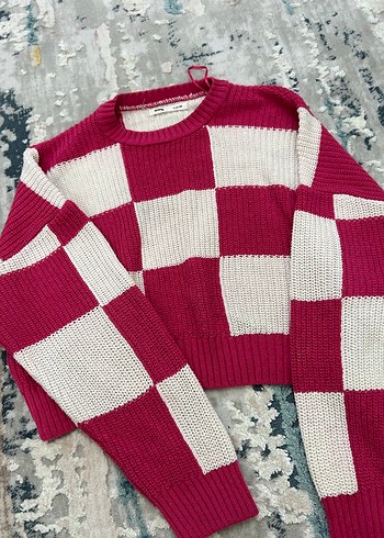 Pembe Ekose Desenli Örgü Kadın Kazak - Görsel 3