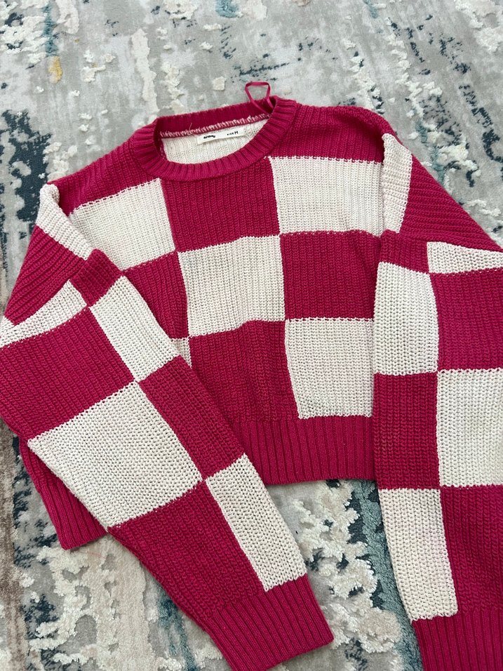 Pembe Ekose Desenli Örgü Kadın Kazak - Görsel 3