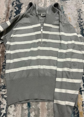 Gri Çizgili uzun Kollu Örgü Kadın Kazak - Görsel 5