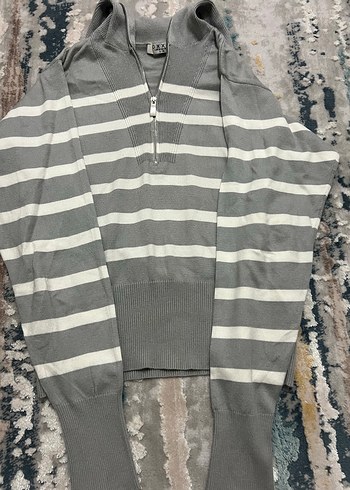 Gri Çizgili uzun Kollu Örgü Kadın Kazak - Görsel 3